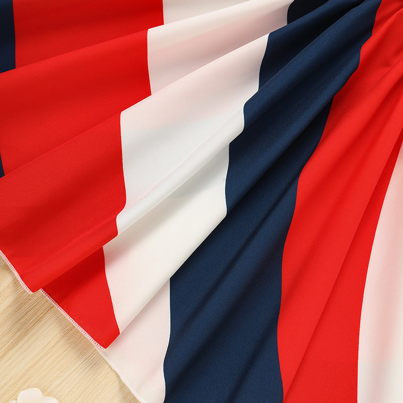 Toddler Girls' Independence Day Dress Red White & Blue Stripes And Stars Short Sleeve Twirl Dress 4th Of July