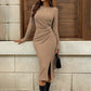 Women's Casual Twist Front Long Sleeve Midi Dress Round Neck Split Hem Bodycon Dresses