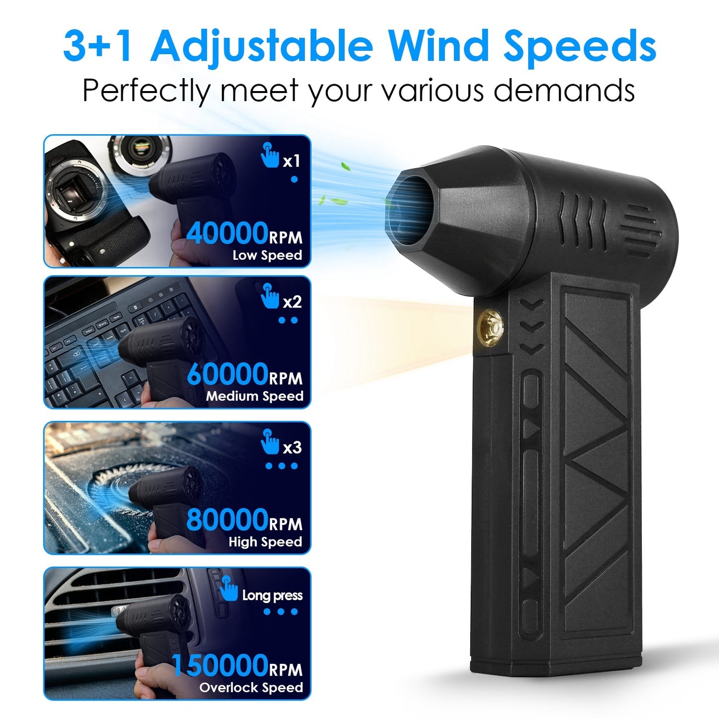 1Pc Compressed Air Duster With LED Light Up To 150000RPM Speed For PC Keyboard Cleaning High Speed Rechargeable Cordless Air Blower With 4 Speeds For Home Car Outdoor