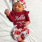 Newborn Baby Girl 'Hello I'm New Here' Romper Set Includes Floral Pants, Hat, Headband, & Coming Home Outfit