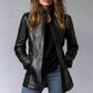 Vintage Style Women's Long Sleeve PU Jacket, Mid-Length Open Cardigan With Pockets, Casual Leather Coat