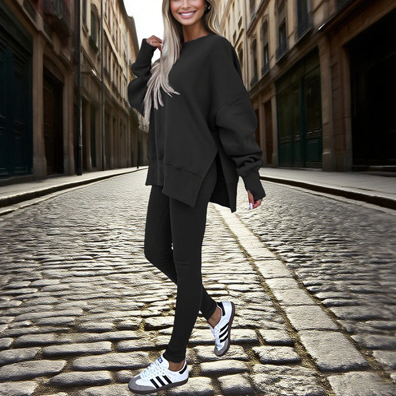 Women's Solid Color 2-Piece Set Casual Tracksuit, Long Sleeve Crewneck Sweatshirt With Side Slits & Slim Fit Jogger Pants