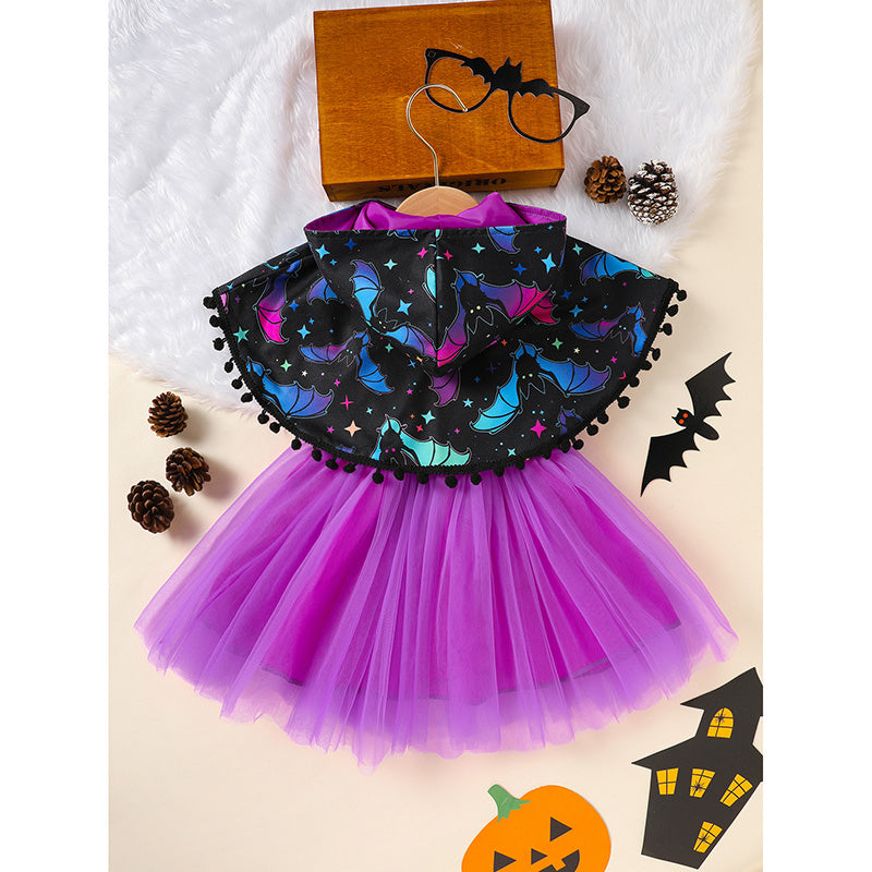 Little Girls 2Pcs Halloween Outfits Sleeveless Tulle Dress With Hooded Cloak Set Clothes
