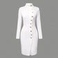 Elegant Solid Color Women's Long Sleeve Dress, Stand Collar With Golden Buttons Bodycon Slit Hem Dress For Formal Occasions