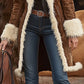 Vintage Women's Long Plush Coat With Fur Collar, Winter Warm Thick Trench Jacket For Formal & Casual