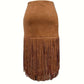 Women's Western Boho Fringe Skirt Solid Color Asymmetrical Hem Pull-On Denim Style Midi Skirt
