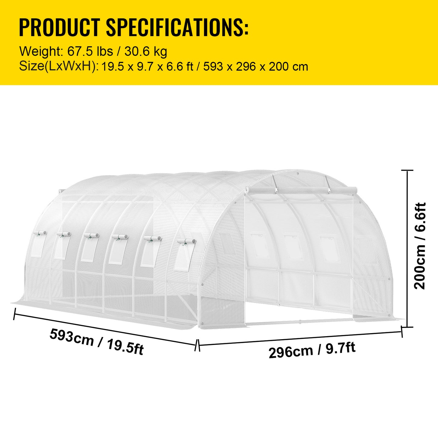 VEVOR Walk-in Tunnel Greenhouse, 20 X 10 X 7 Ft Portable Plant Hot House W Galvanized Steel Hoops, 3 Top Beams, Diagonal Poles, 2 Zippered Doors & 12 Roll-up Windows, White