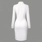 Elegant Solid Color Women's Long Sleeve Dress, Stand Collar With Golden Buttons Bodycon Slit Hem Dress For Formal Occasions