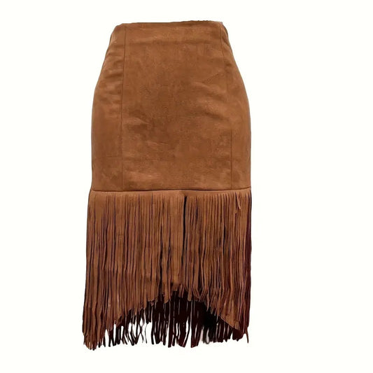 Women's Western Boho Fringe Skirt Solid Color Asymmetrical Hem Pull-On Denim Style Midi Skirt