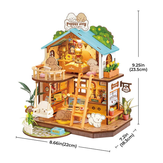 ROBOTIME DIY Miniature Dollhouse Kit - Puppy's Cozy Villa With LED Lights And Furniture, Wooden Model Building Set For Adults And Kids, Creative Gift For Leisure Time