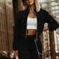 Women's Two Piece Set Cropped Long Sleeve Top With Drawstring Pocket Pants Casual Outfit Zipper Detail Tracksuit