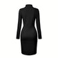 Elegant Solid Color Women's Long Sleeve Dress, Stand Collar With Golden Buttons Bodycon Slit Hem Dress For Formal Occasions