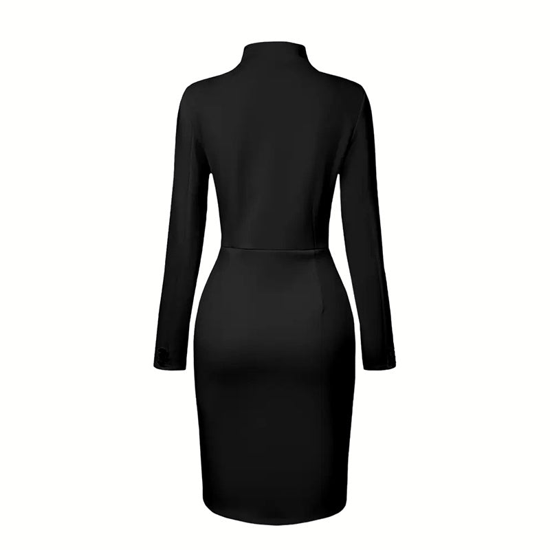 Elegant Solid Color Women's Long Sleeve Dress, Stand Collar With Golden Buttons Bodycon Slit Hem Dress For Formal Occasions