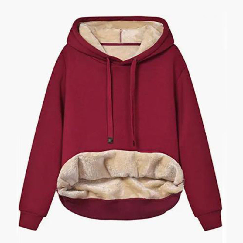 Autumn And Winter Warm Lamb Fleece Pocket Hooded Sports Sweatshirt Jacket For Women