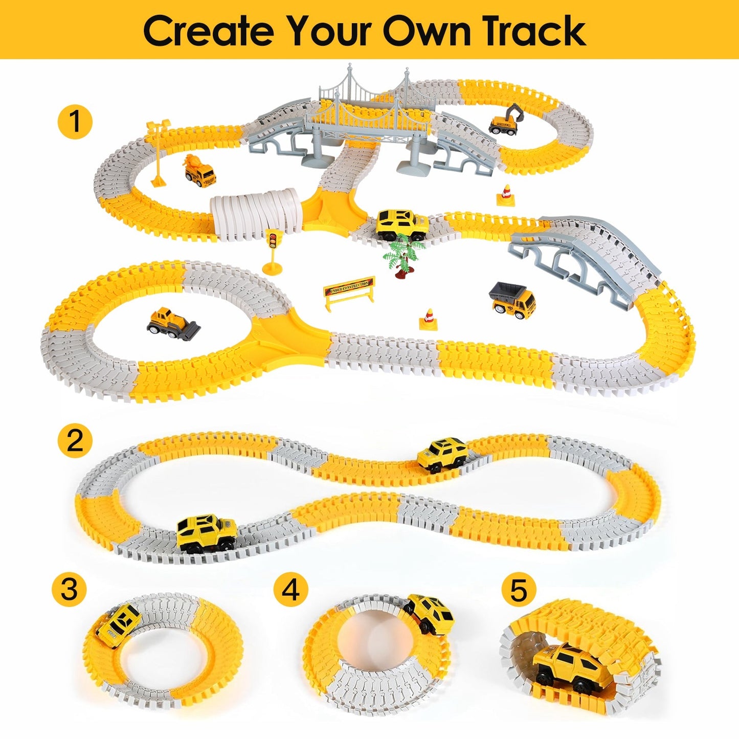 1Pc 340Pcs Construction Race Track Set Kids DIY Construction Toys STEM Flexible Car Track Playset Gift For Toddlers Boys Aged 3 4 5 6 Year Old