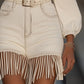 Women's Solid Color V-Neck Puff Long Sleeves & Fringe, Button Pocket Detail Casual Dress For Spring Summer