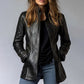 Vintage Style Women's Long Sleeve PU Jacket, Mid-Length Open Cardigan With Pockets, Casual Leather Coat